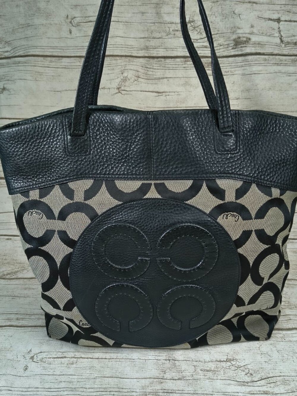 Coach Black & Beige Op Art Signature Canvas Large Tote Bag